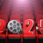 Happy new 2025 year in cinema red seats. 2025 cinema and movie season concept.