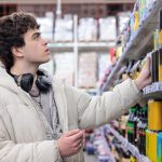 Teenage boy choosing an energy drink in a supermarket. Concept of fatigue, study stress and caffeine consumption among teenagers