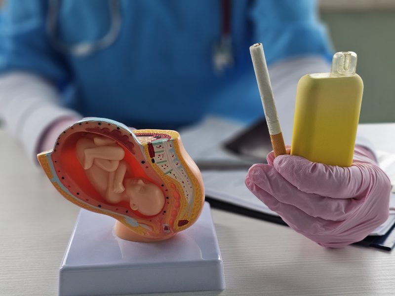Healthcare professional with scrubs on and stethoscope around their neck holds cigarette and vape next to model of a baby in a womb. Warning about dangers of smoking and vaping during pregnancy