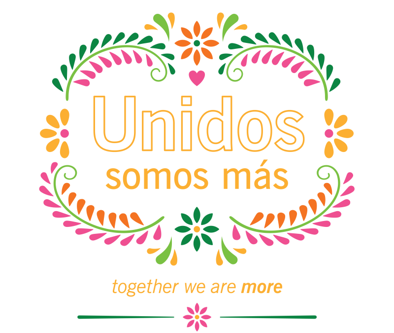 Floral decorative design with the text "Unidos somos más" in the center. Below, it reads "together we are more" and "Unidos and Allies Employee Resource Group.