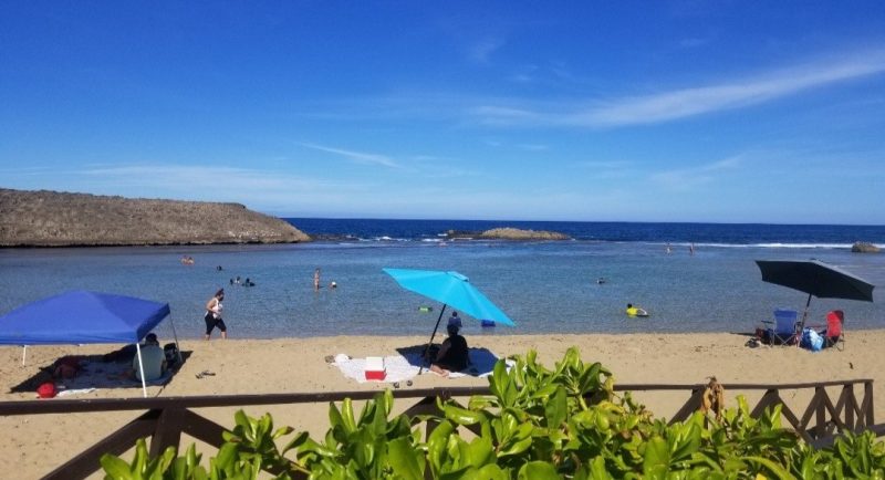 A sandy beach with turquoise waters under a clear blue sky in Puerto Rico. Several people are enjoying the water and sunbathing. Bright blue and purple beach umbrellas provide shade. Lush green plants are in the foreground, and rocky formations are visible in the distance.